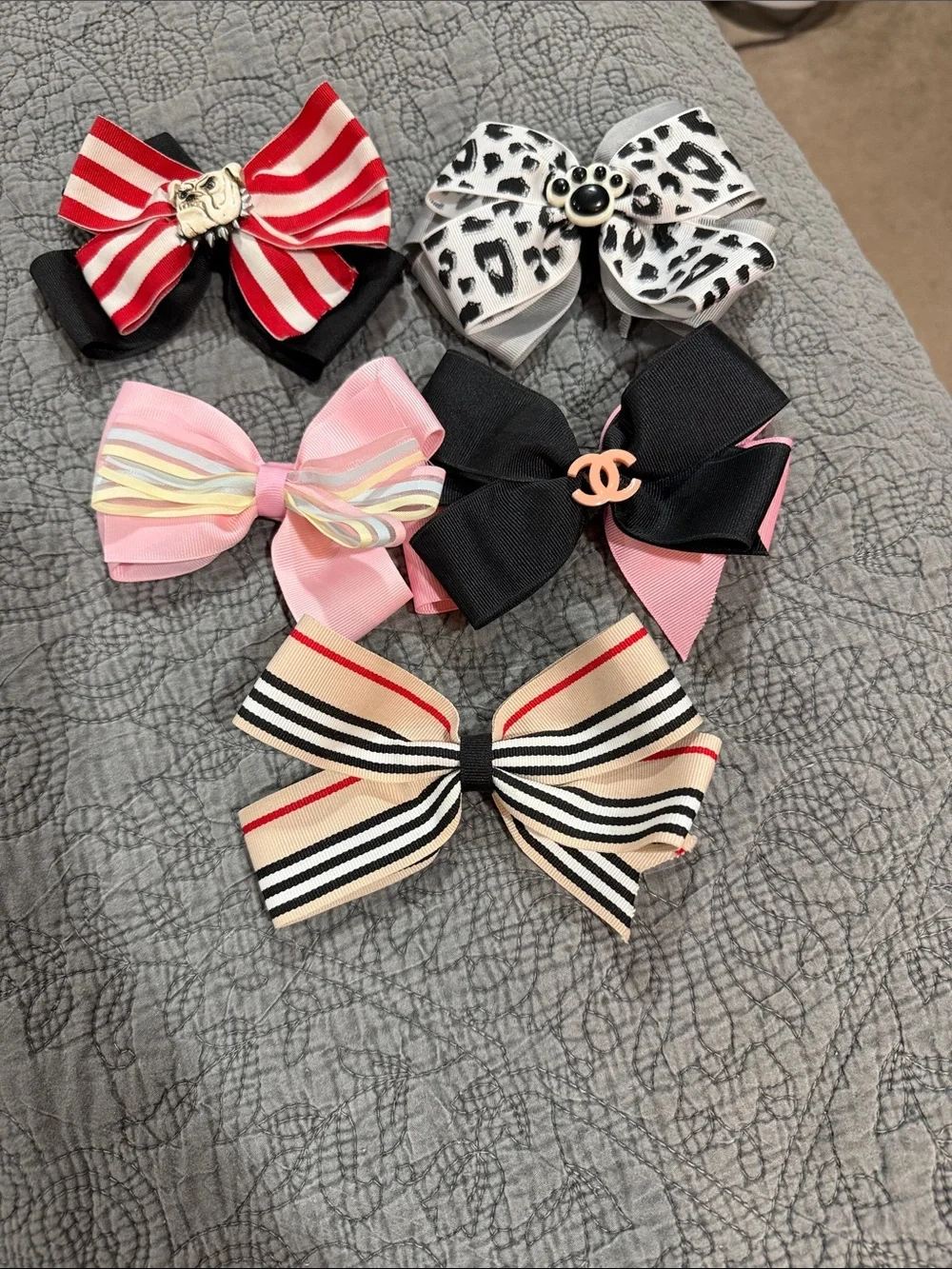 Hand made Assorted Girls' Hair Bows - Pink, Black, Red, White, Beige - set of 5